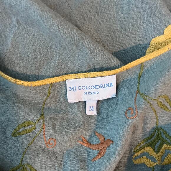 Mi Golondrina Mexico Embroidered Blue Yellow Floral Blouse Huipil Medium - Picture 2 of 8